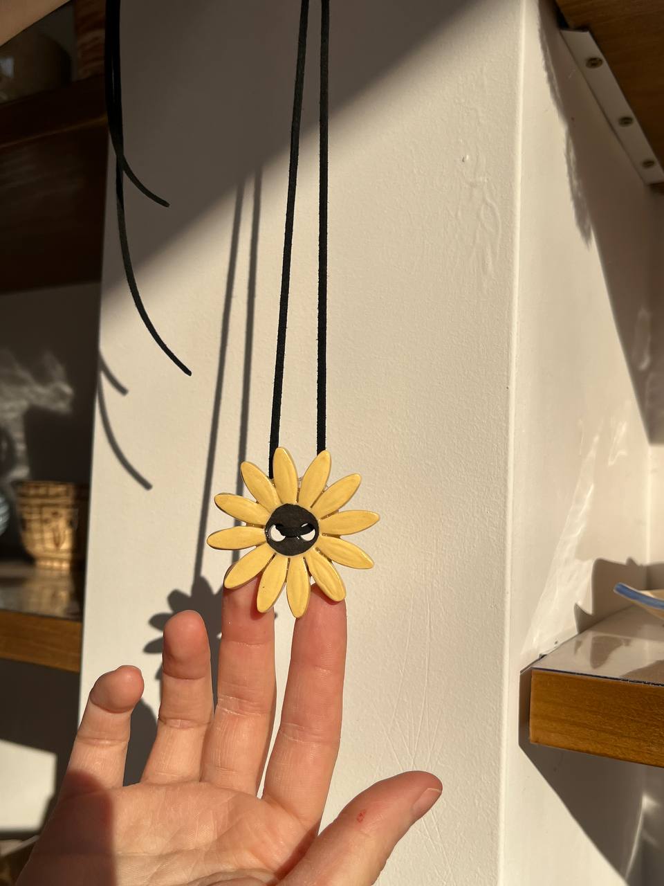 Handmade Ceramic Sunflower Necklace – Boho Pendant with Eye Symbol | Artisan Gift