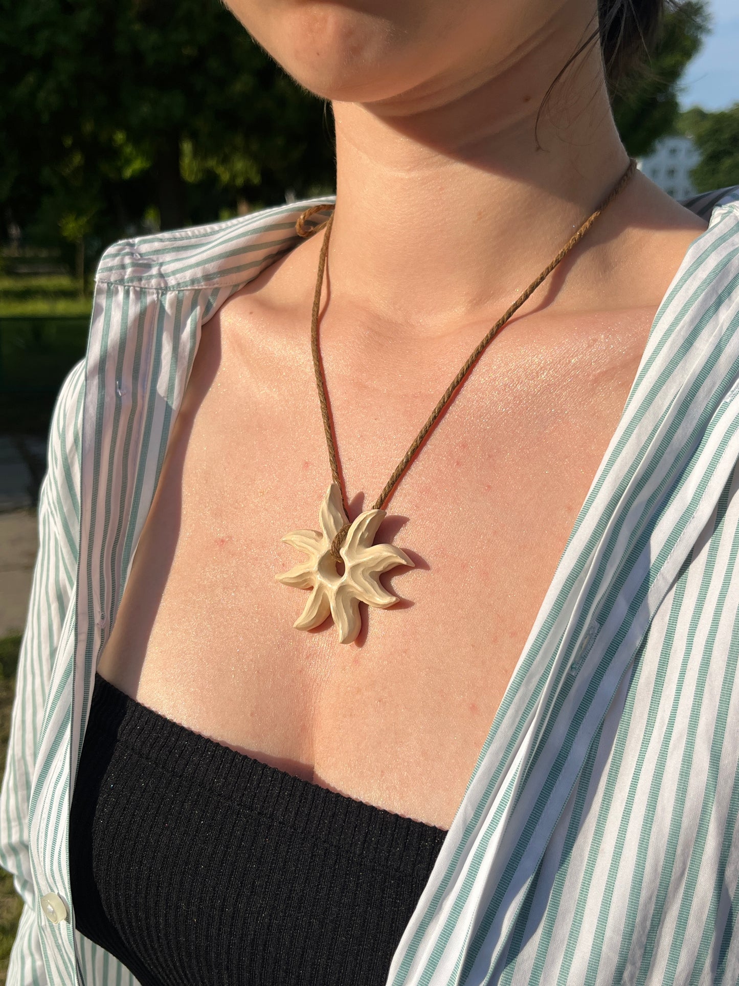 Handmade Ceramic Sun Pendant Necklace – Unique Glazed Clay Jewelry with Adjustable Cord