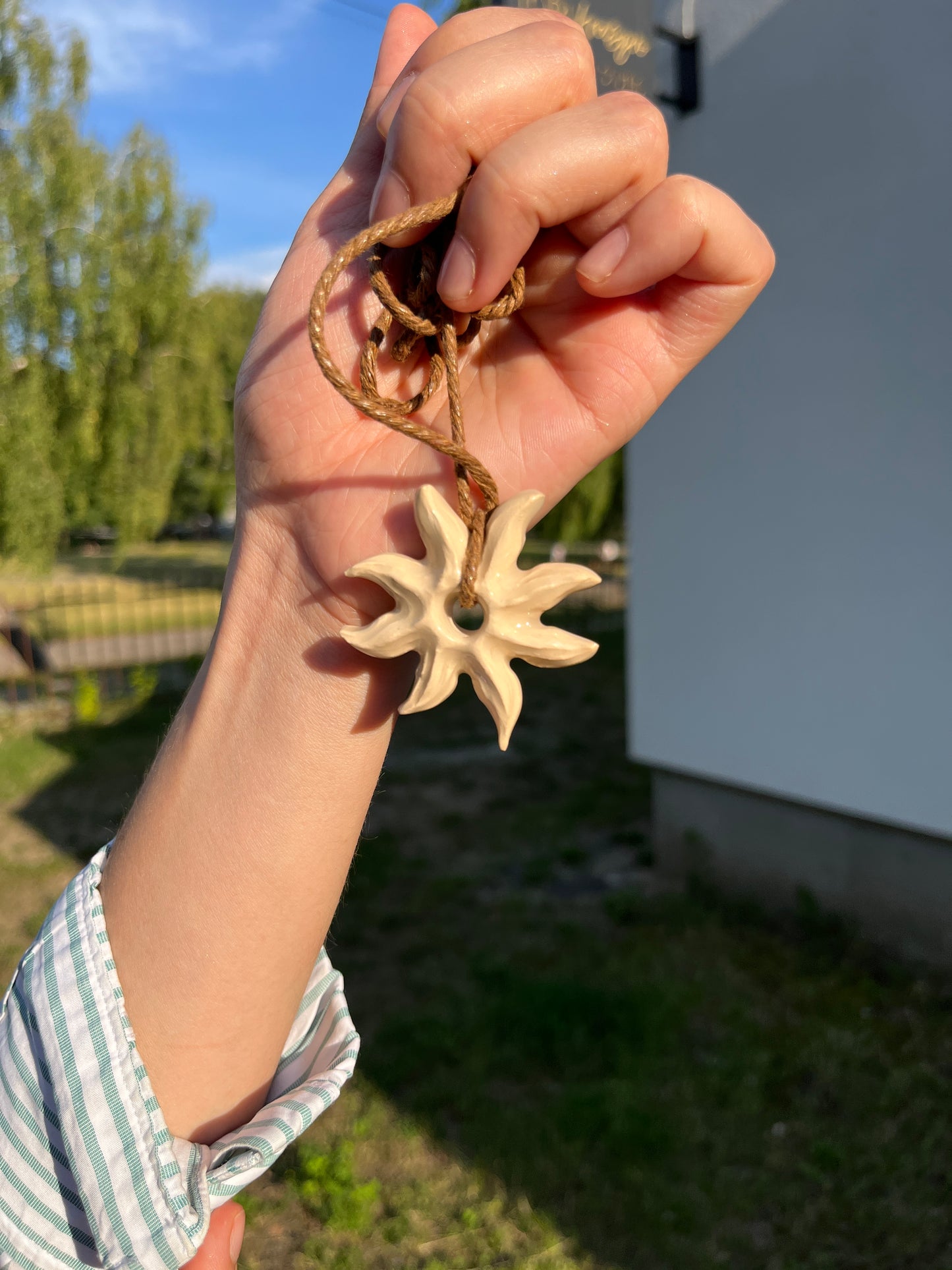 Handmade Ceramic Sun Pendant Necklace – Unique Glazed Clay Jewelry with Adjustable Cord