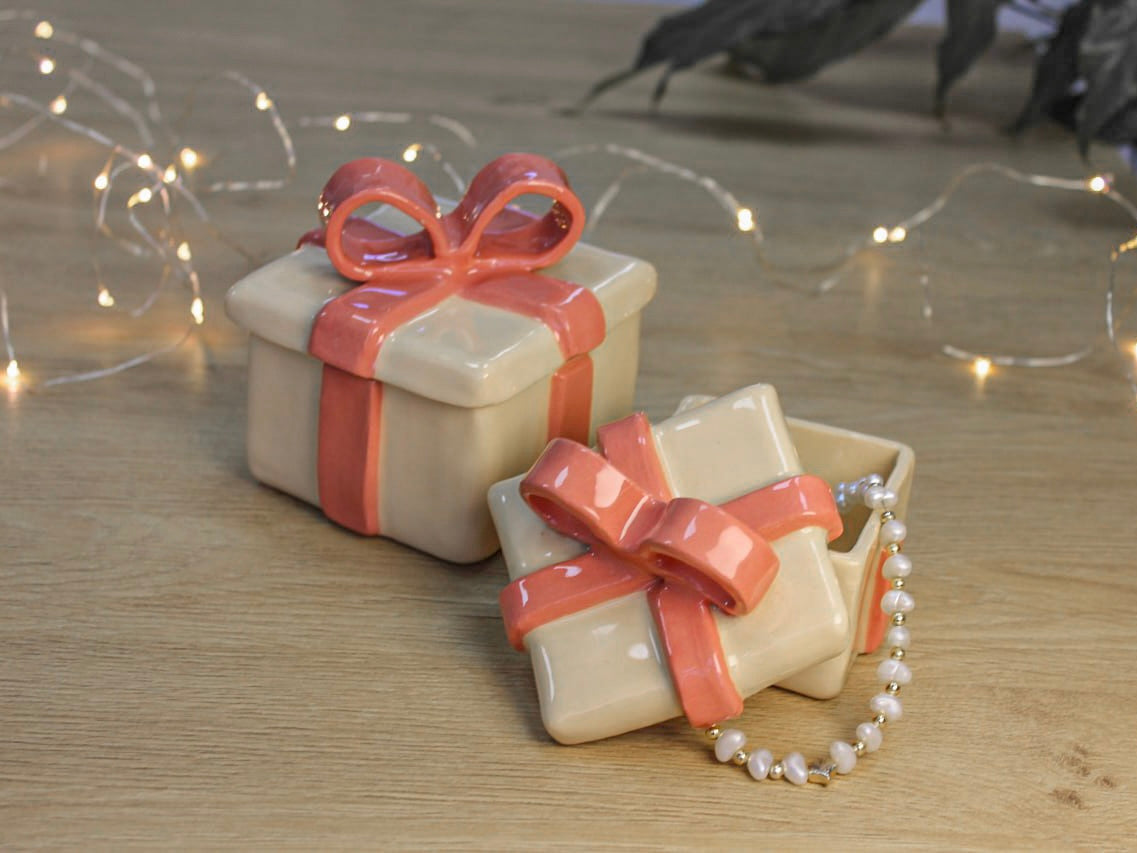 Handcrafted Ceramic Gift Box Set — Jewelry Boxes with Peach Ribbon