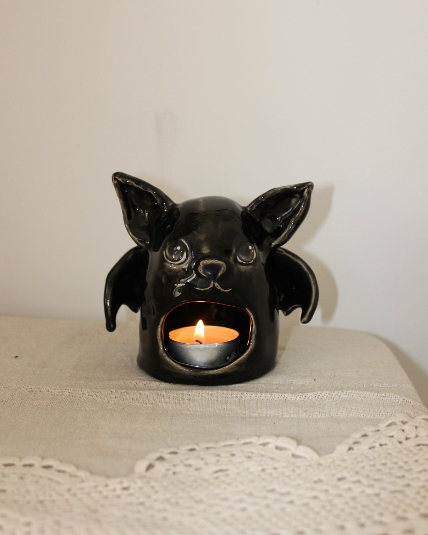 Handmade Black Ceramic Bat Tealight Holder